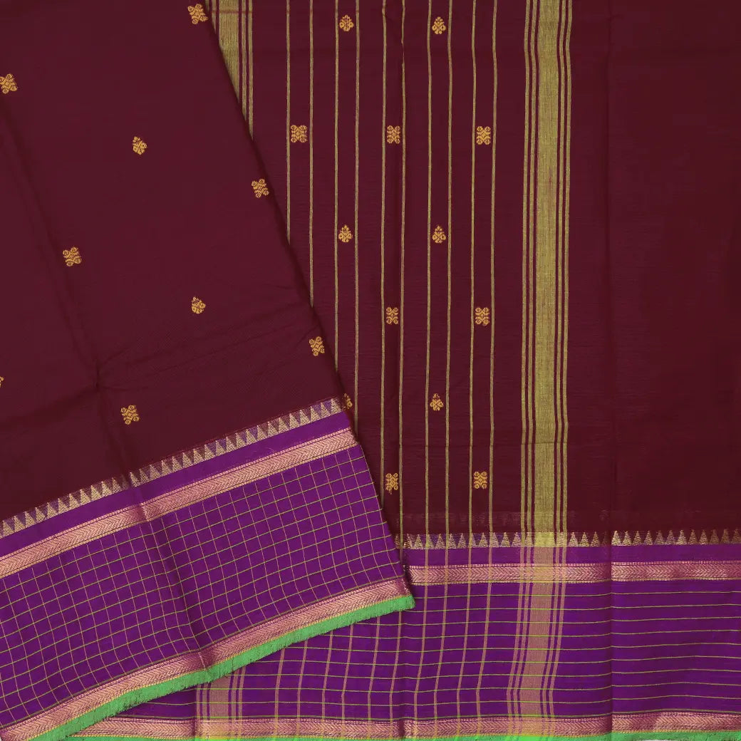 Maroon with Purple and Green Pure Chettinad Cotton Saree without Blouse