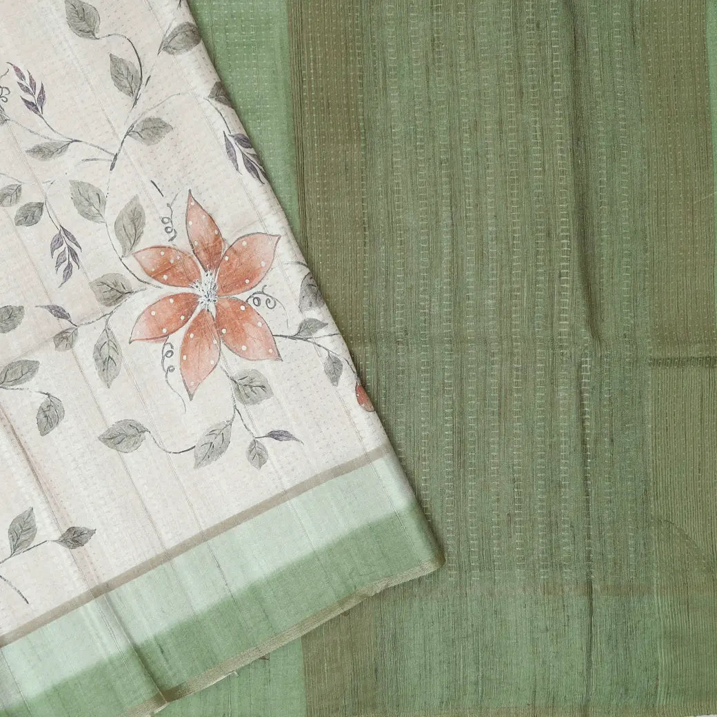 Off white with green floral design Semi Chanderi Silk Saree