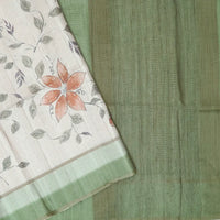 Off white with green floral design Semi Chanderi Silk Saree
