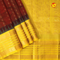 Dark Maroon & Lemon Yellow With Gold Zari Checked Floral Buttas Pure Silk Cotton Saree - Thenianantham