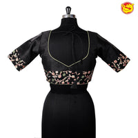 Black With Olive Green Floral Embroidery Work Pure Cotton Ready made Blouse - Thenianantham