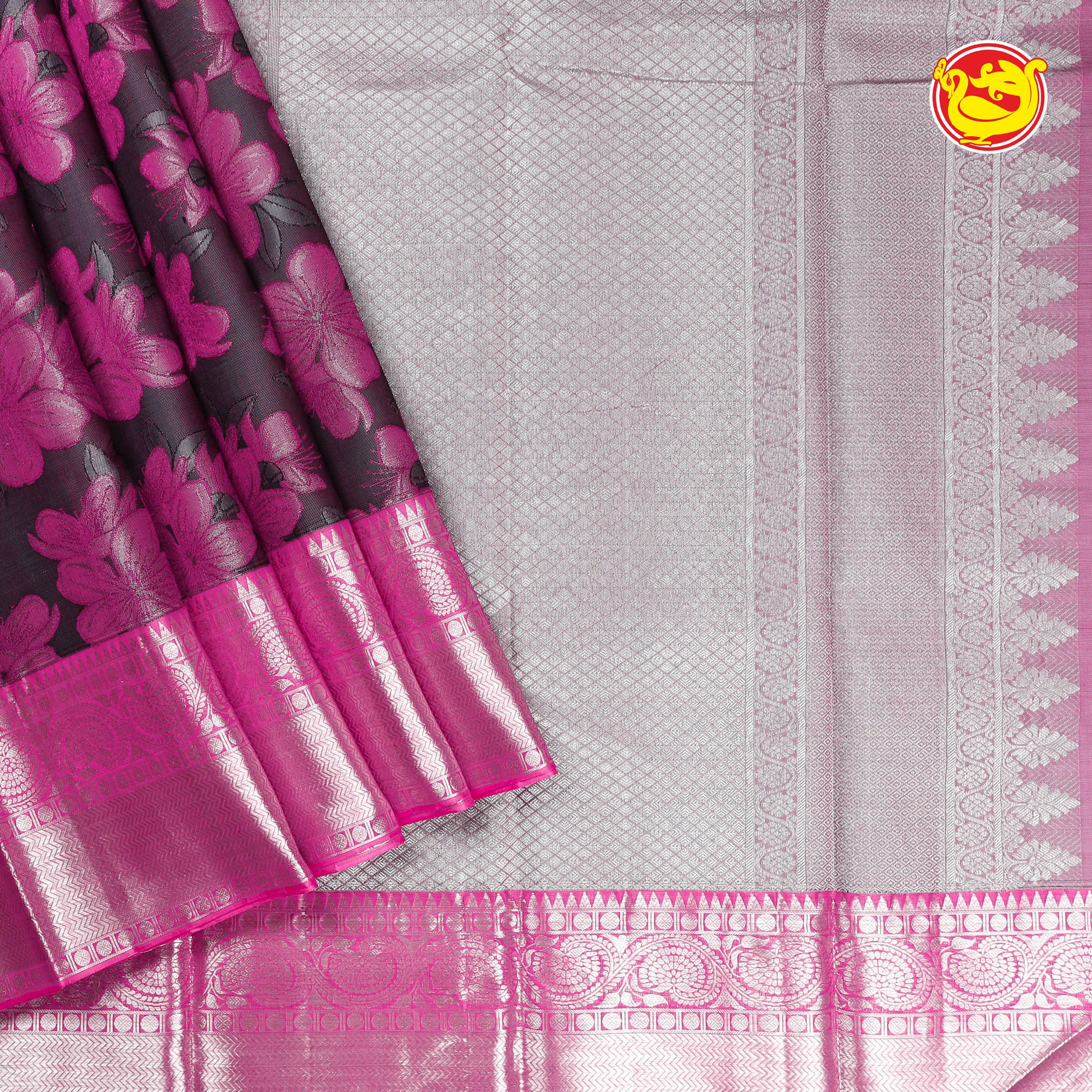 Elephant grey with pink pure silk saree with woven floral designs