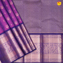 Magenta With Navy Blue Checked Floral Motifs Copper Zari Long Border Pure Kanjivaram Soft Silk Saree - Thenianantham