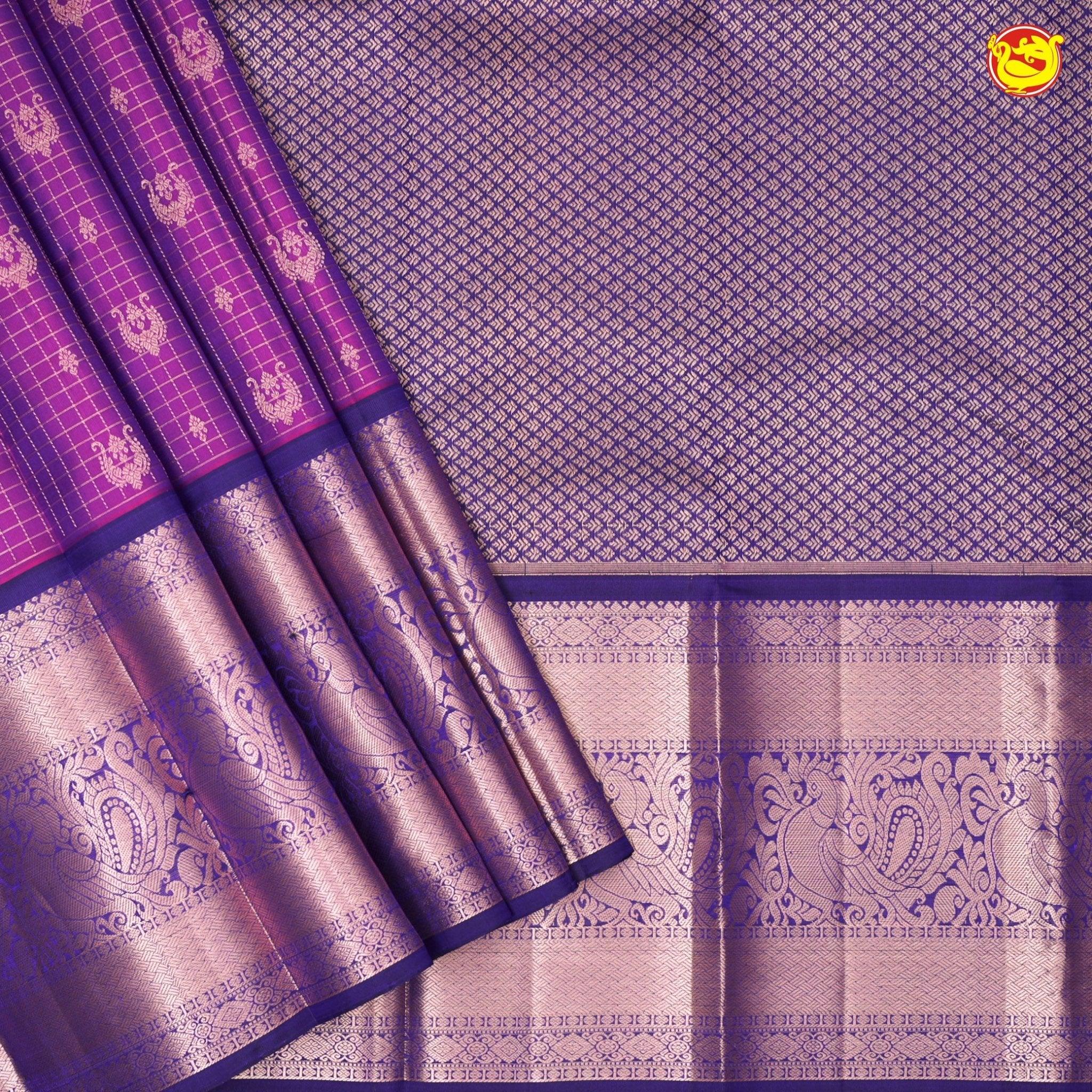 Magenta With Navy Blue Checked Floral Motifs Copper Zari Long Border Pure Kanjivaram Soft Silk Saree