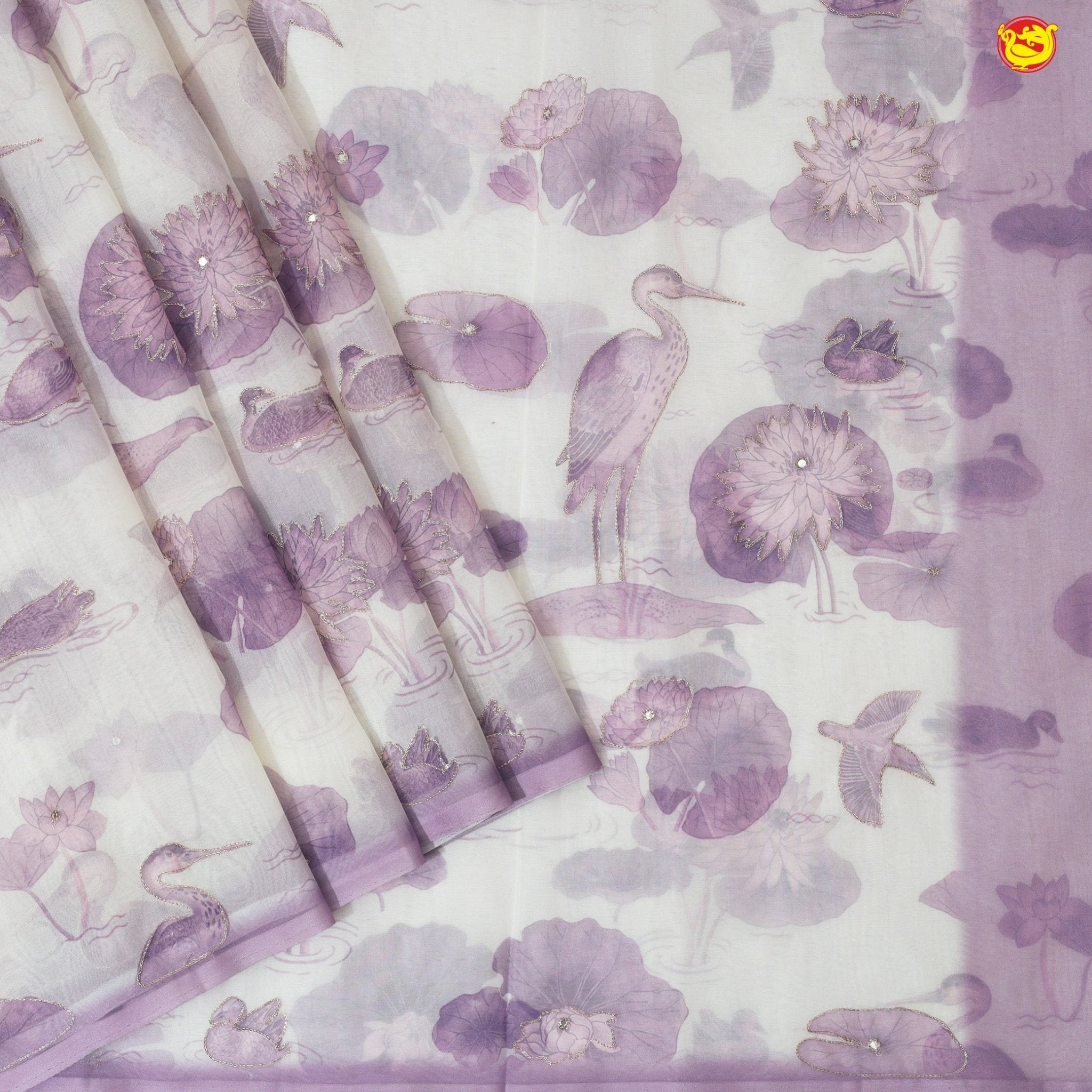 White and Light Lavender Organza Silk With Hand Embroidered Mirror Work Saree