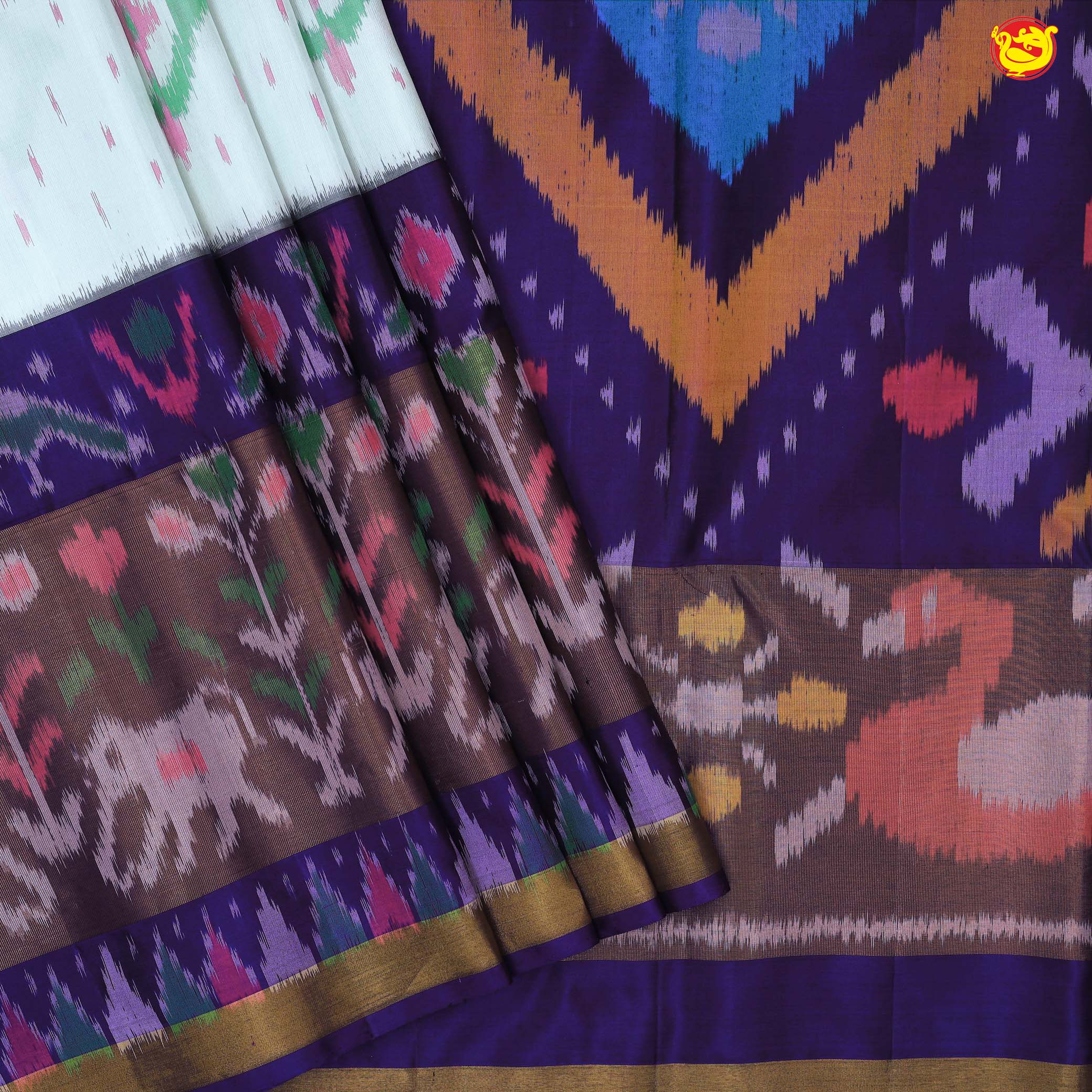 Pochampally Silk Saree Light Pista Green and Purple with Allover Ikat Weaves and Ikat Style Zari Woven Border