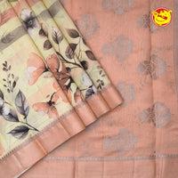 Dupion Light Yellow Printed Saree With Floral Motifs,Zari Design Border & Intricate Pallu - Thenianantham