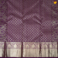 Half White With Dark Purple Floral Motifs Gold Zari Long Border Pure Kanjivaram Subhalaya Wedding Silk Saree - Thenianantham