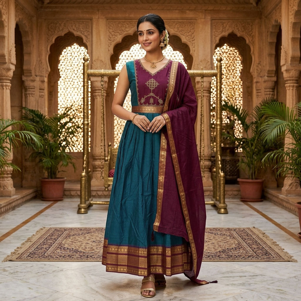 Peacock Blue With Maroon Trendy Ladies Ethnic Gowns