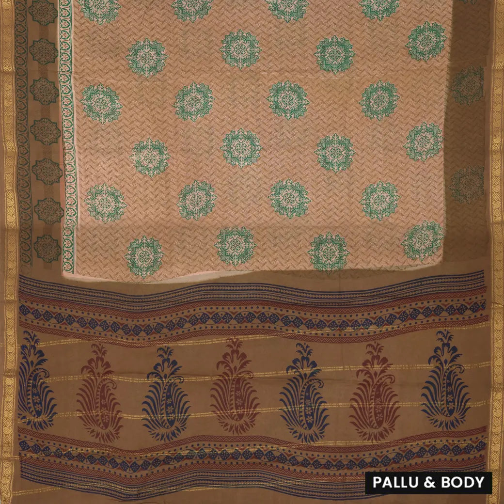 Brown with green Floral Design Mul Mul Cotton Saree without Blouse