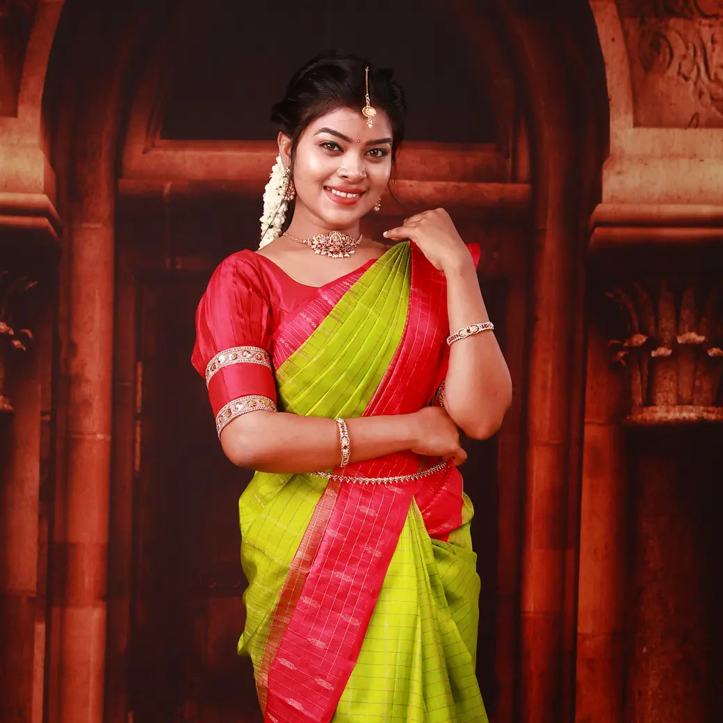 Green With  Hot Pink Copper Zari Border Yuvana Semi Soft Silk Saree