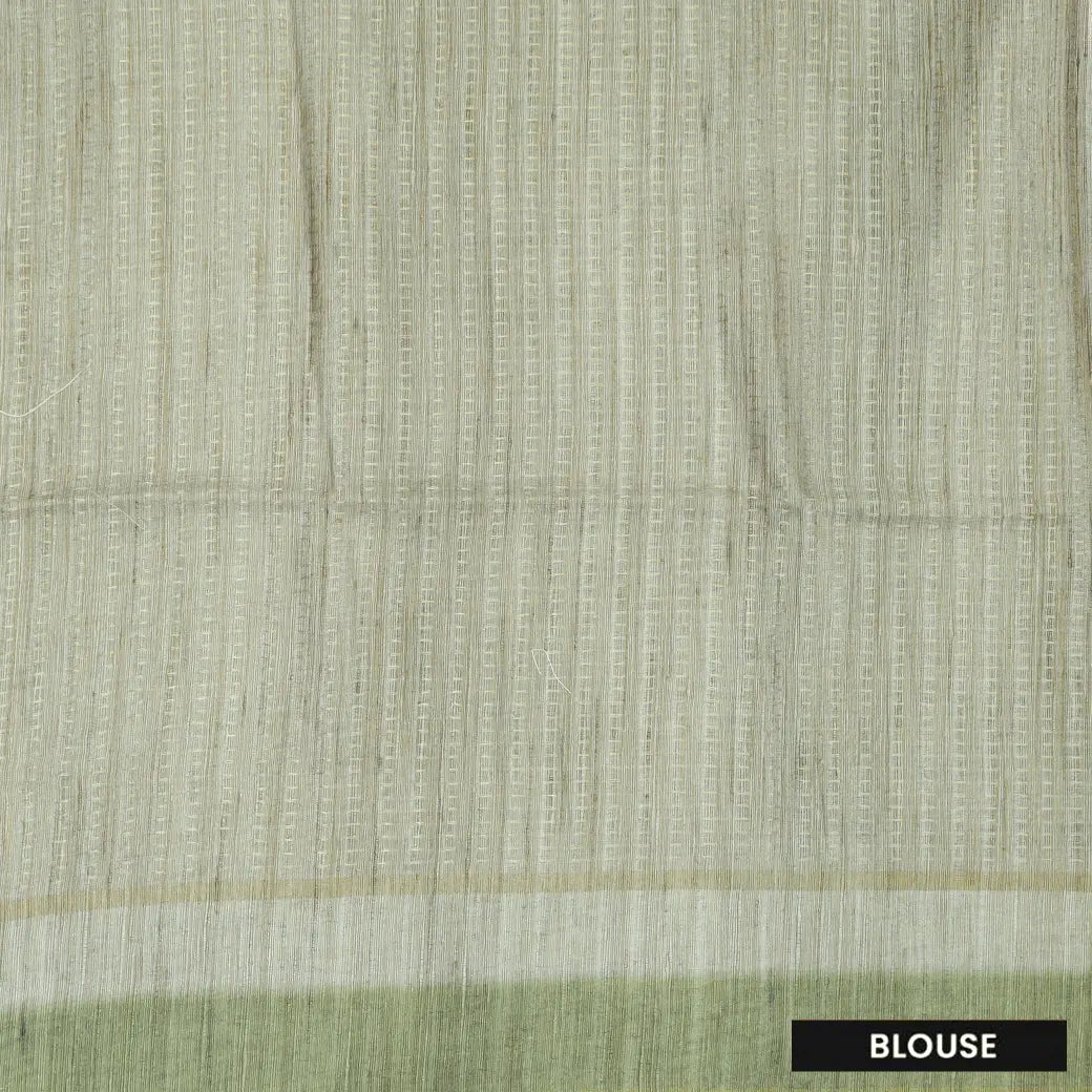 Off white with green floral design Semi Chanderi Silk Saree
