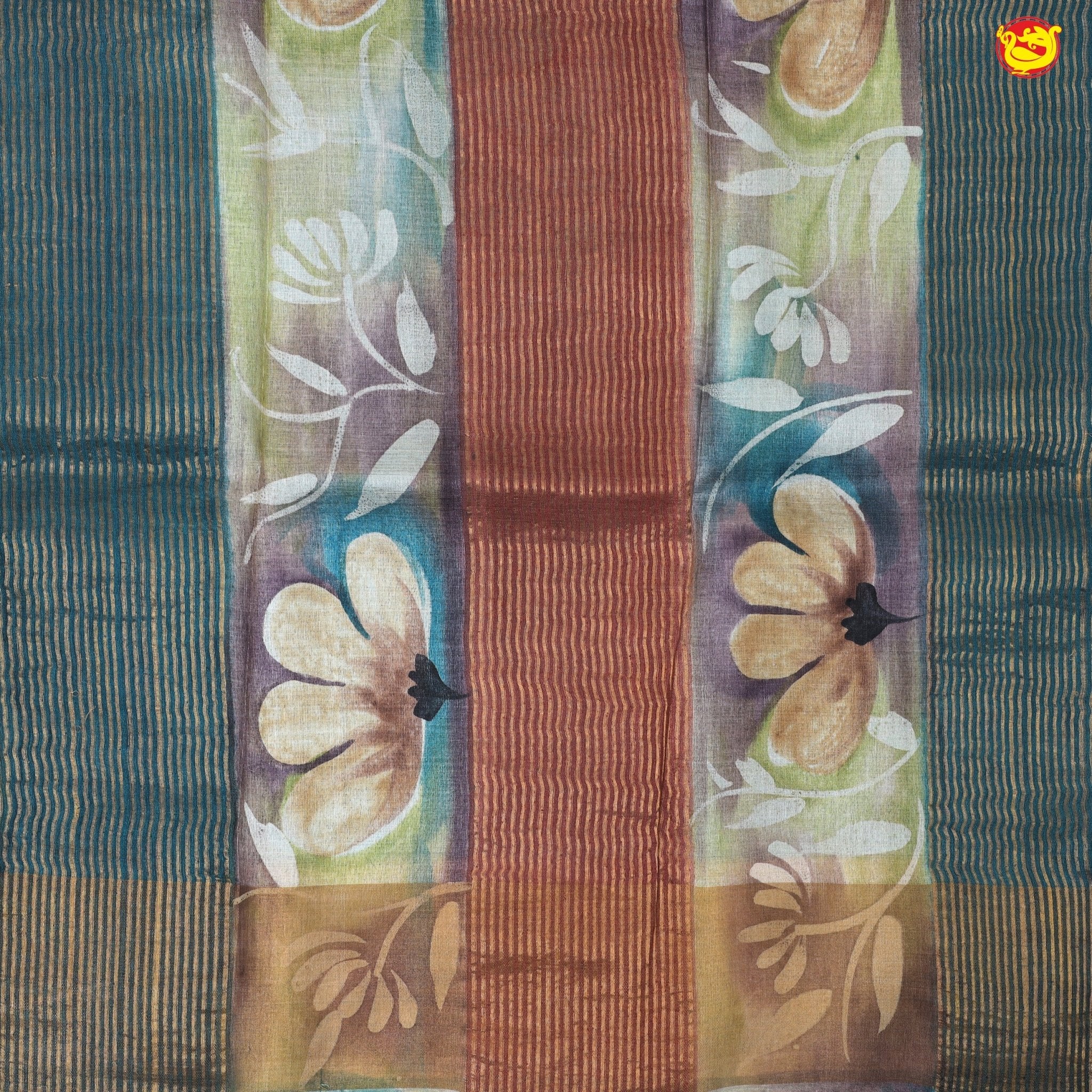 Pure Tussar Silk Saree Cream and Peacock Blue With Floral Design and Painted Prints and Zari Woven Border - Thenianantham