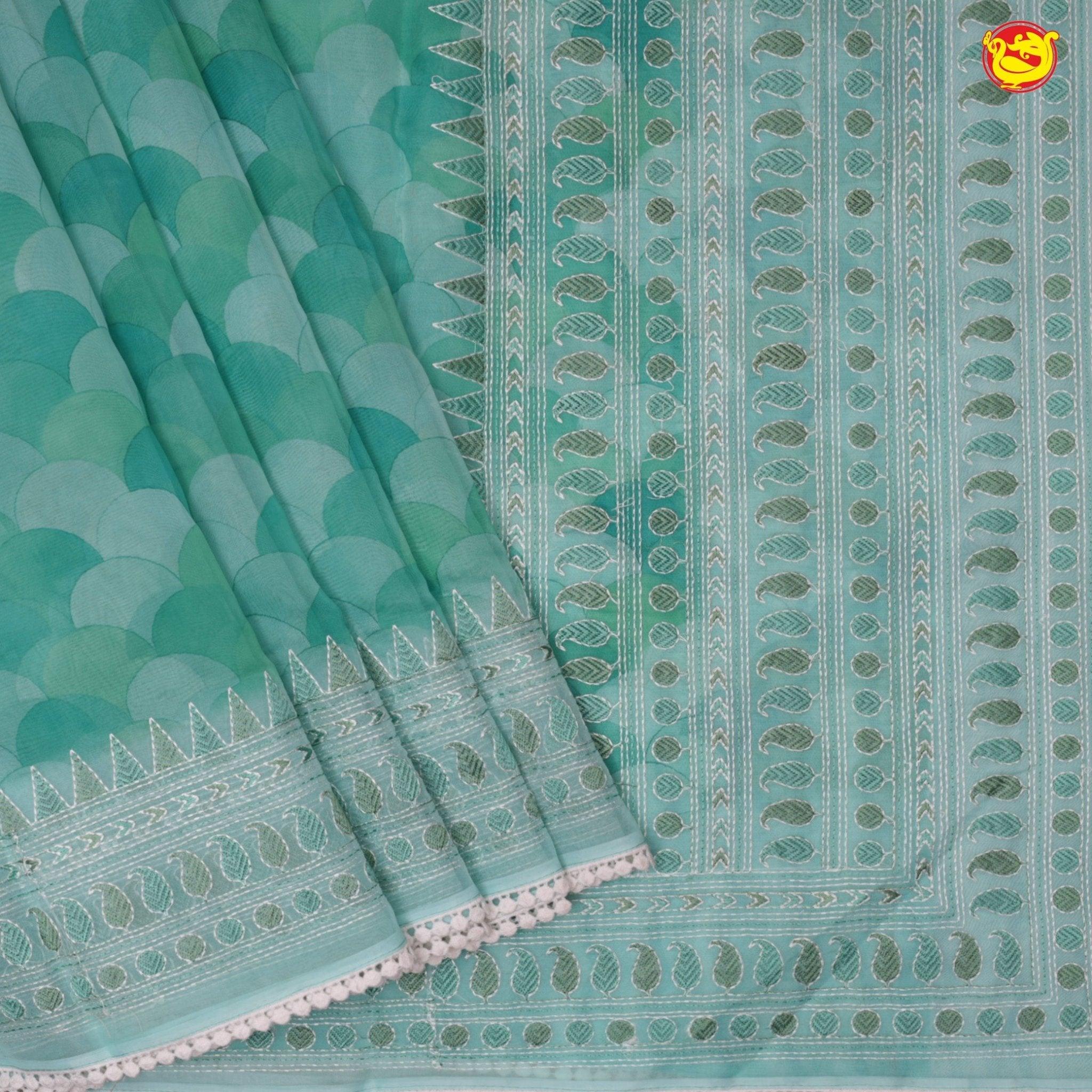 Sea green Organza Silk With Hand Embroidered Work Saree