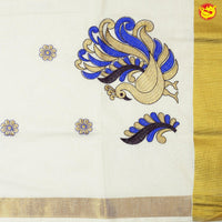 Southloom Exclusive Onam Kasavu Saree With Peacock Design High Quality Embroidery Across Body (Matching Plain Blouse Included) - Thenianantham