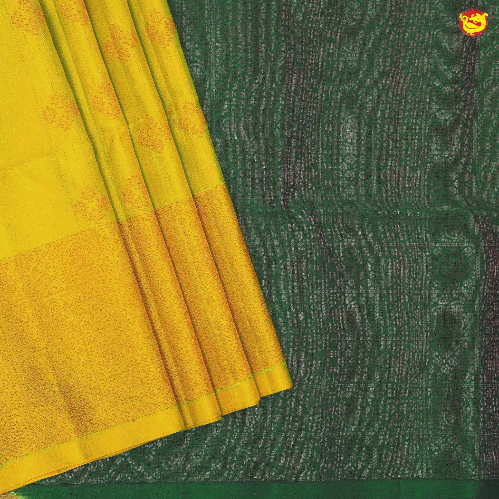 Mustard Yellow With Bottle Green Striped and Floral Motifs Copper Zari Pure Kanjivaram Soft Silk Saree - Thenianantham