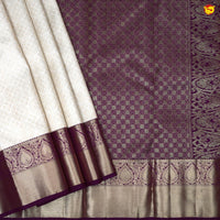 Half White With Dark Purple Floral Motifs Gold Zari Long Border Pure Kanjivaram Subhalaya Wedding Silk Saree - Thenianantham