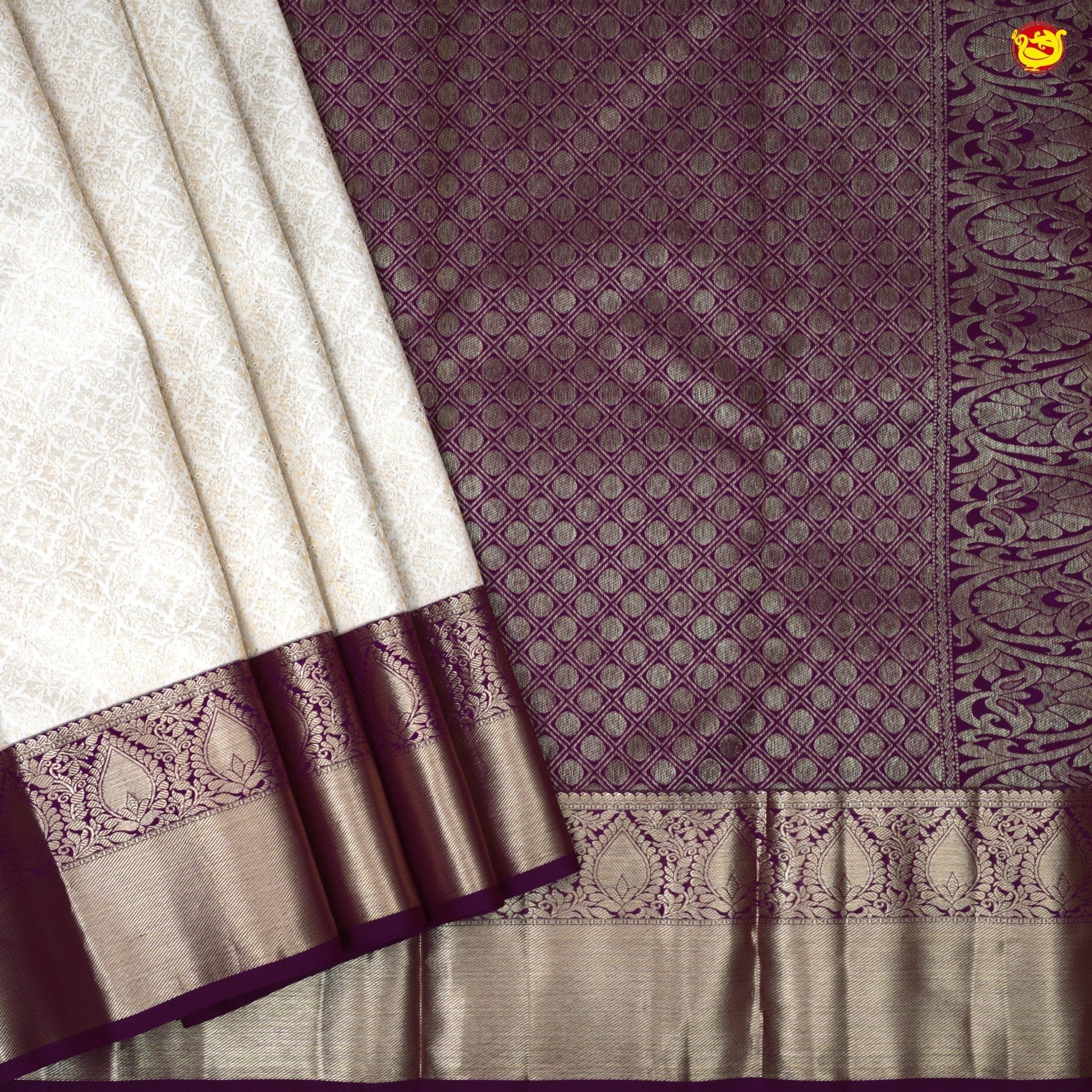 Half White With Dark Purple Floral Motifs Gold Zari Long Border Pure Kanjivaram Subhalaya Wedding Silk Saree