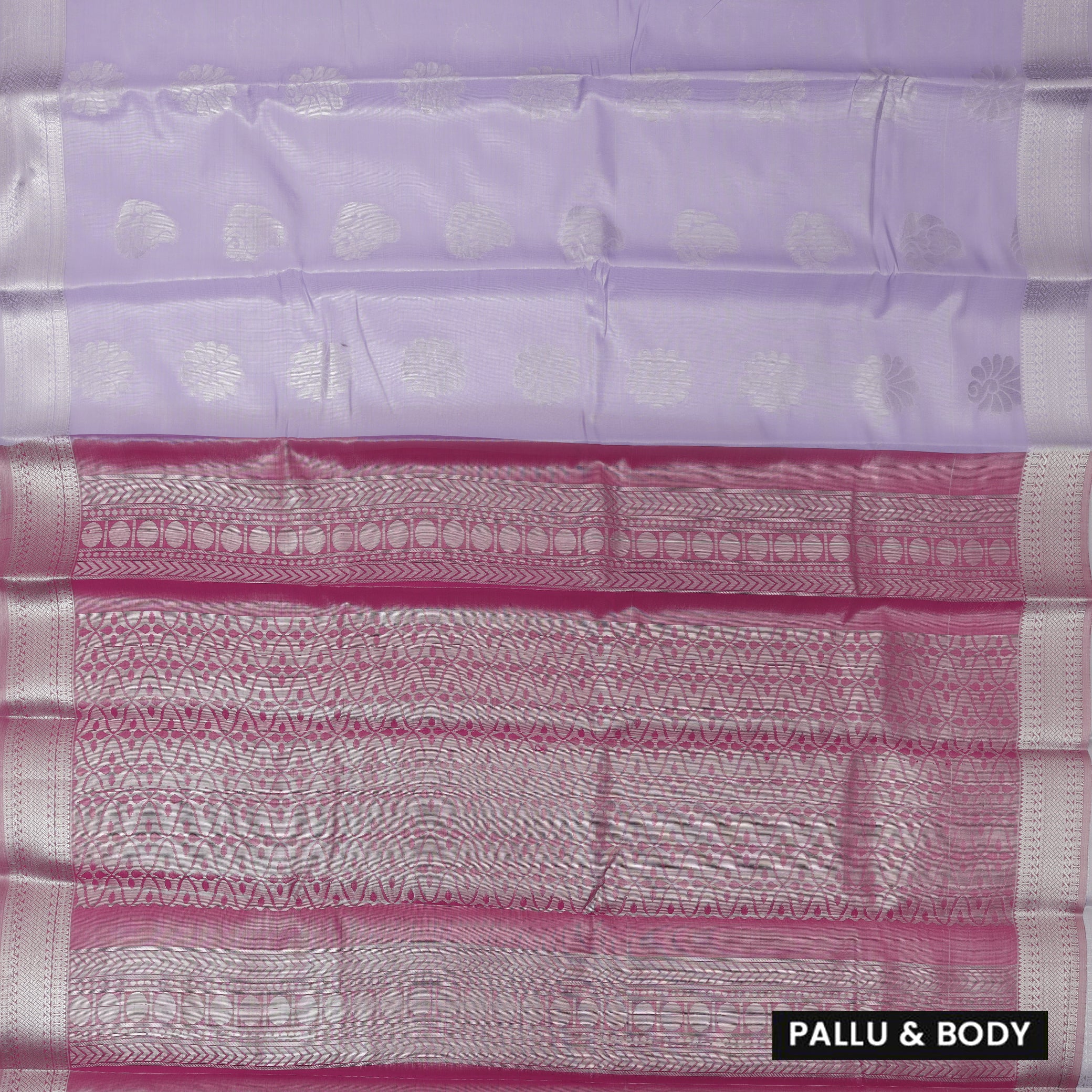 Couple Combo Tissue Silk Set – Men’s Shirt & Dhoti with Matching Women’s Saree With Lavender Colour With  Silver Zari Border