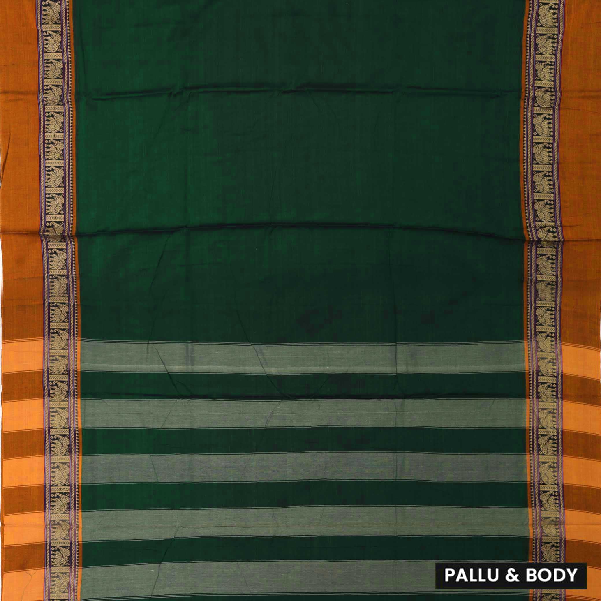 Green With Orange Traditional Narayanpet Cotton Saree with Contrast Border