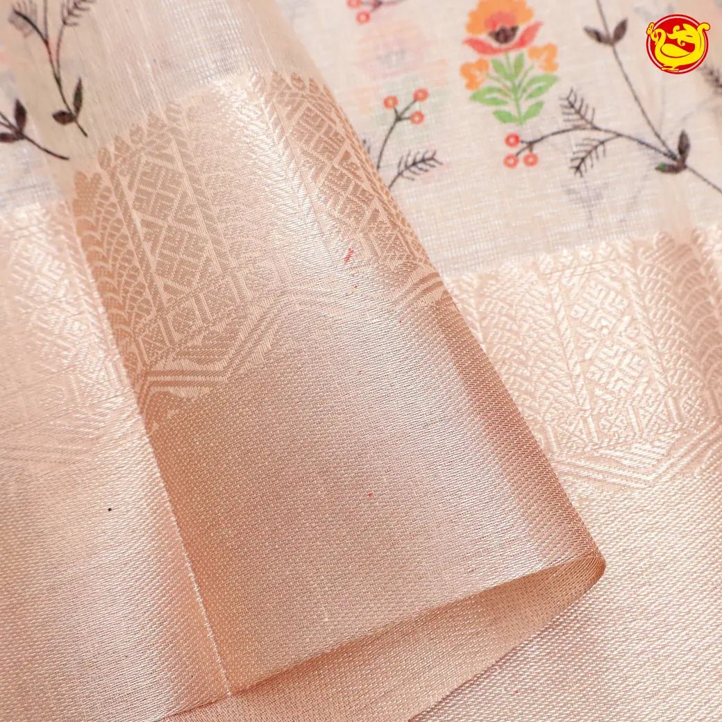 Pastel peach linen tissue saree with embroidery - Thenianantham