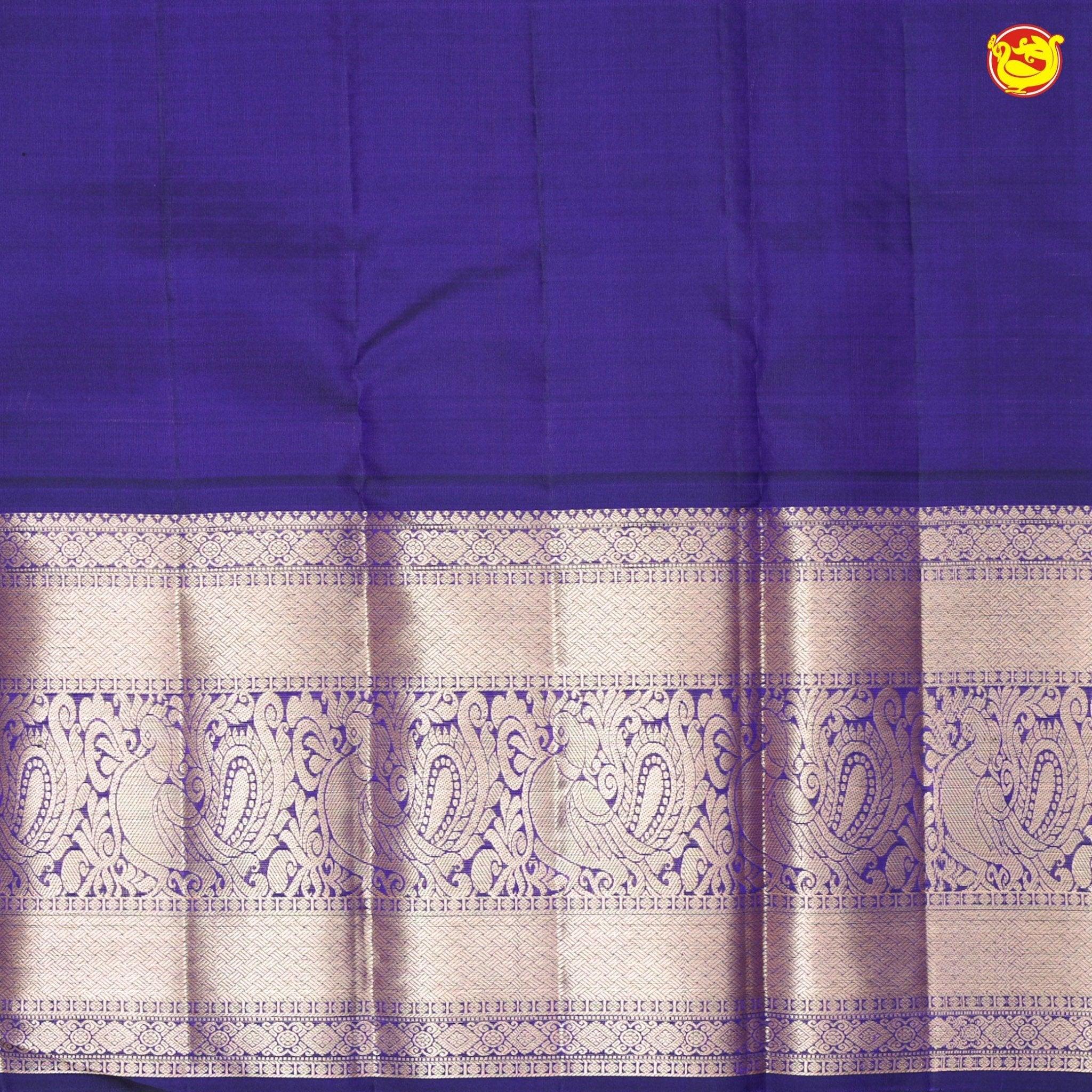 Magenta With Navy Blue Checked Floral Motifs Copper Zari Long Border Pure Kanjivaram Soft Silk Saree - Thenianantham