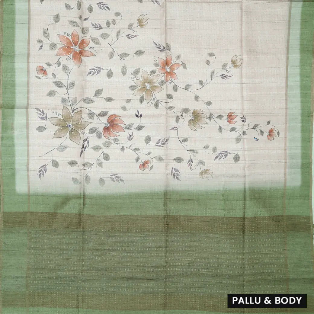 Off white with green floral design Semi Chanderi Silk Saree