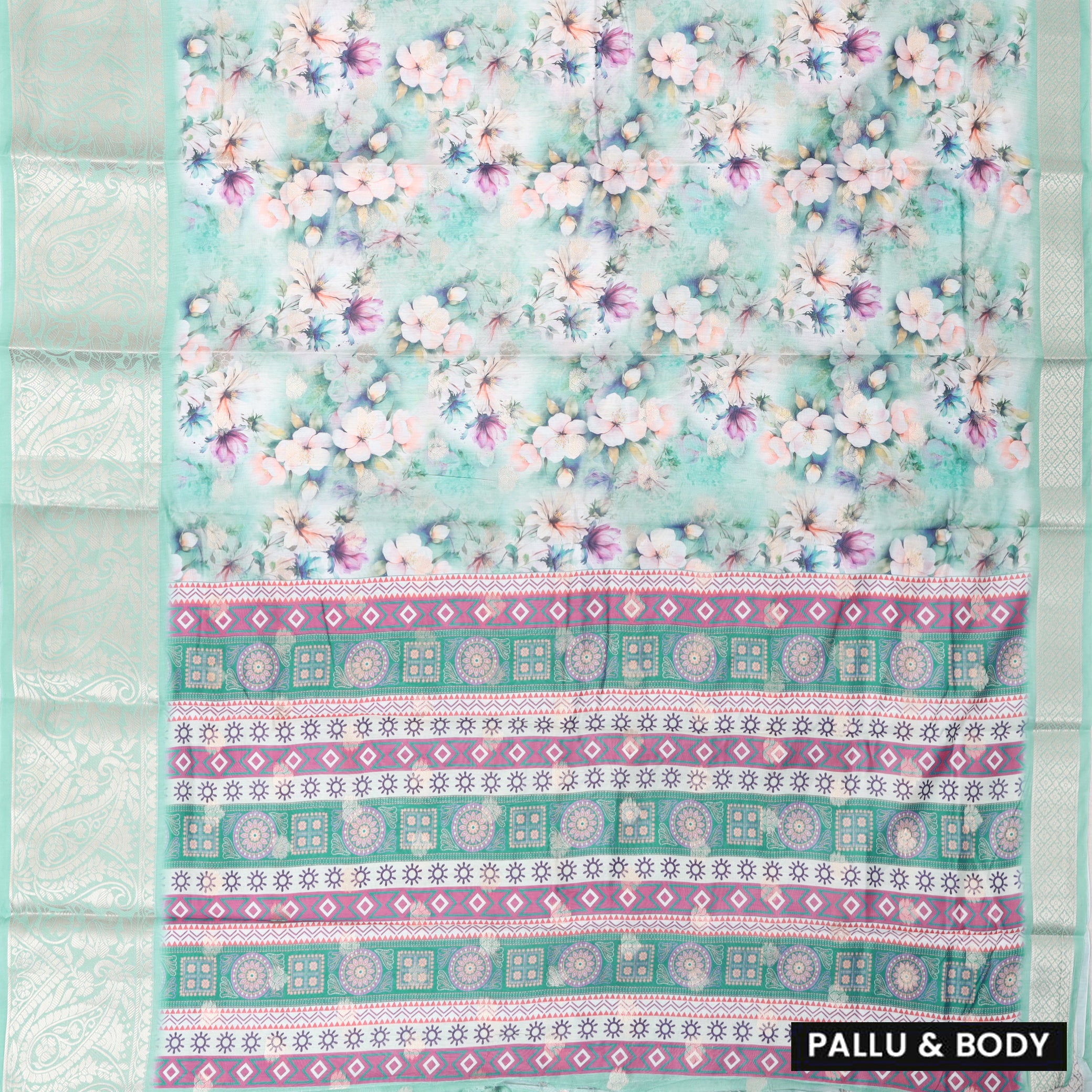 Light Green With Orange Floral Design Dola Silk