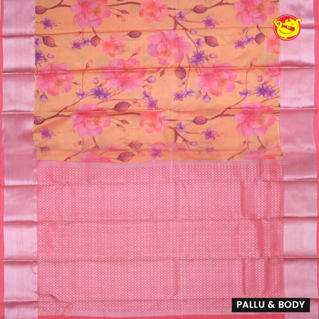 Light Orange With Pink Digital Print Soft Silk Saree - Thenianantham