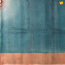 Pure Tussar Silk Saree Cream and Peacock Blue With Floral Design and Painted Prints and Zari Woven Border - Thenianantham