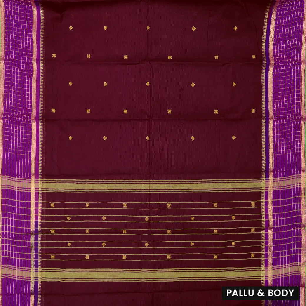 Maroon with Purple and Green Pure Chettinad Cotton Saree without Blouse