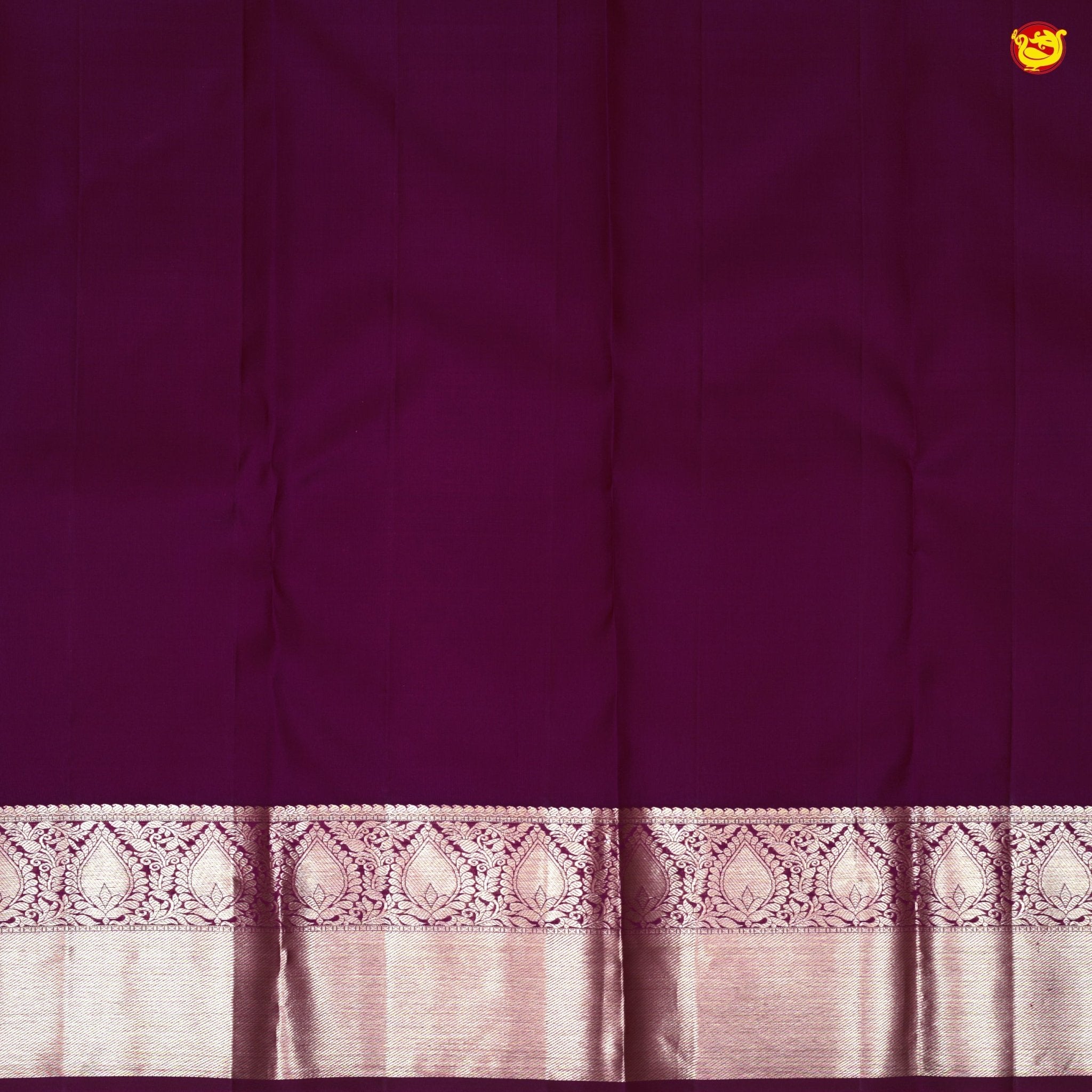 Half White With Dark Purple Floral Motifs Gold Zari Long Border Pure Kanjivaram Subhalaya Wedding Silk Saree - Thenianantham