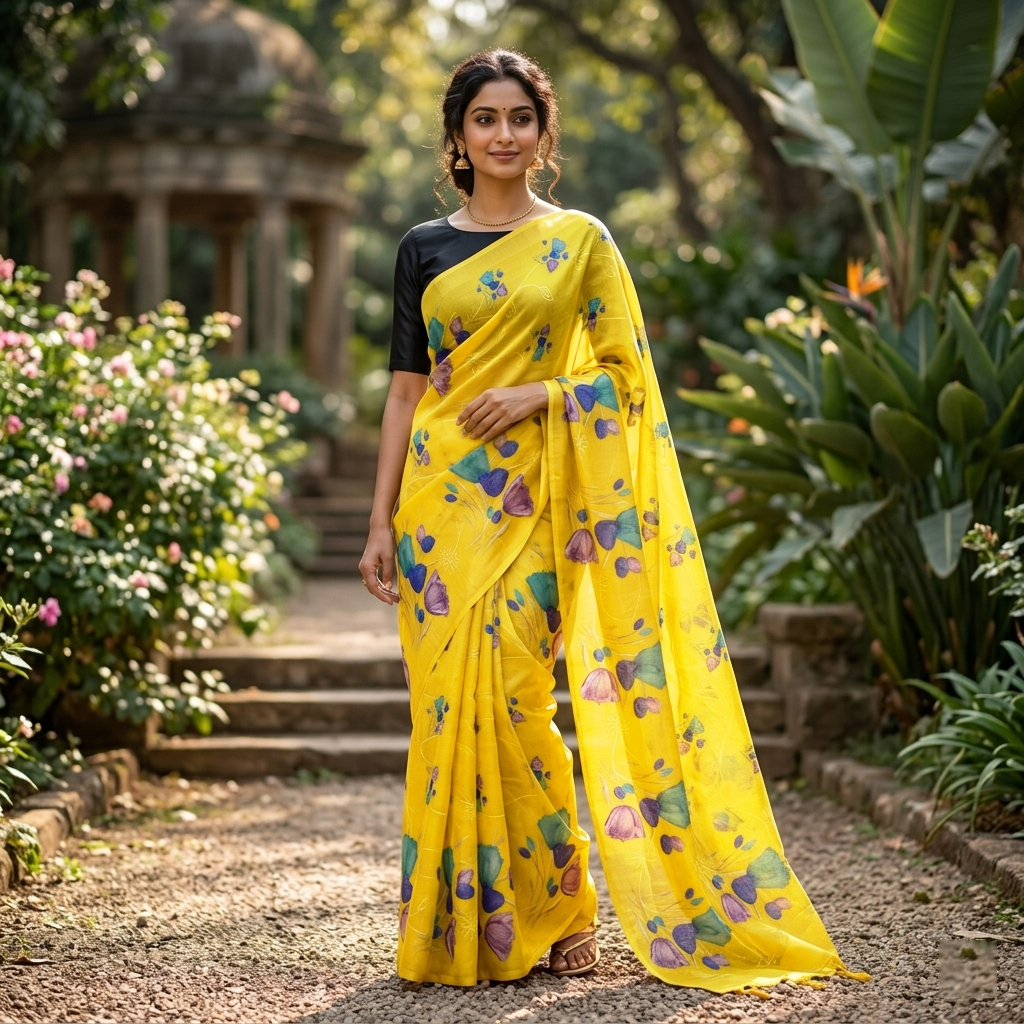Lemon Yellow with Floral Design Trendy Tissue Fancy Saree