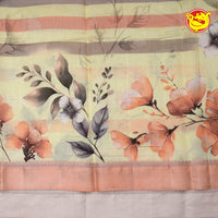 Dupion Light Yellow Printed Saree With Floral Motifs,Zari Design Border & Intricate Pallu - Thenianantham