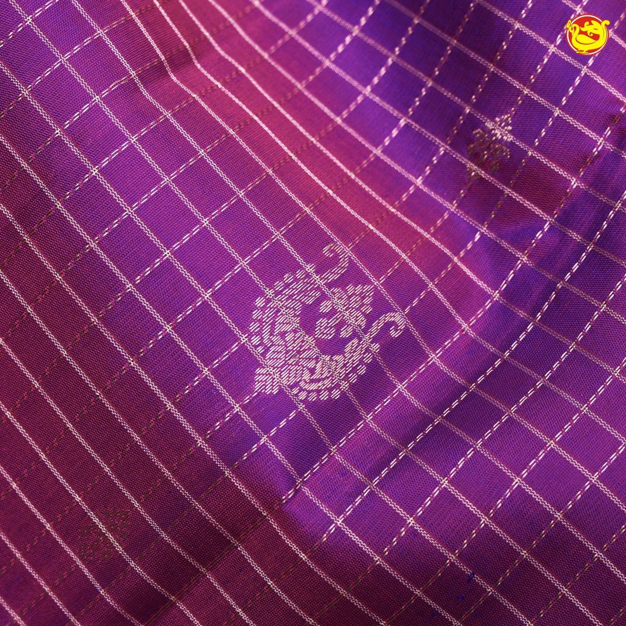 Magenta With Navy Blue Checked Floral Motifs Copper Zari Long Border Pure Kanjivaram Soft Silk Saree - Thenianantham