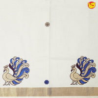 Southloom Exclusive Onam Kasavu Saree With Peacock Design High Quality Embroidery Across Body (Matching Plain Blouse Included) - Thenianantham