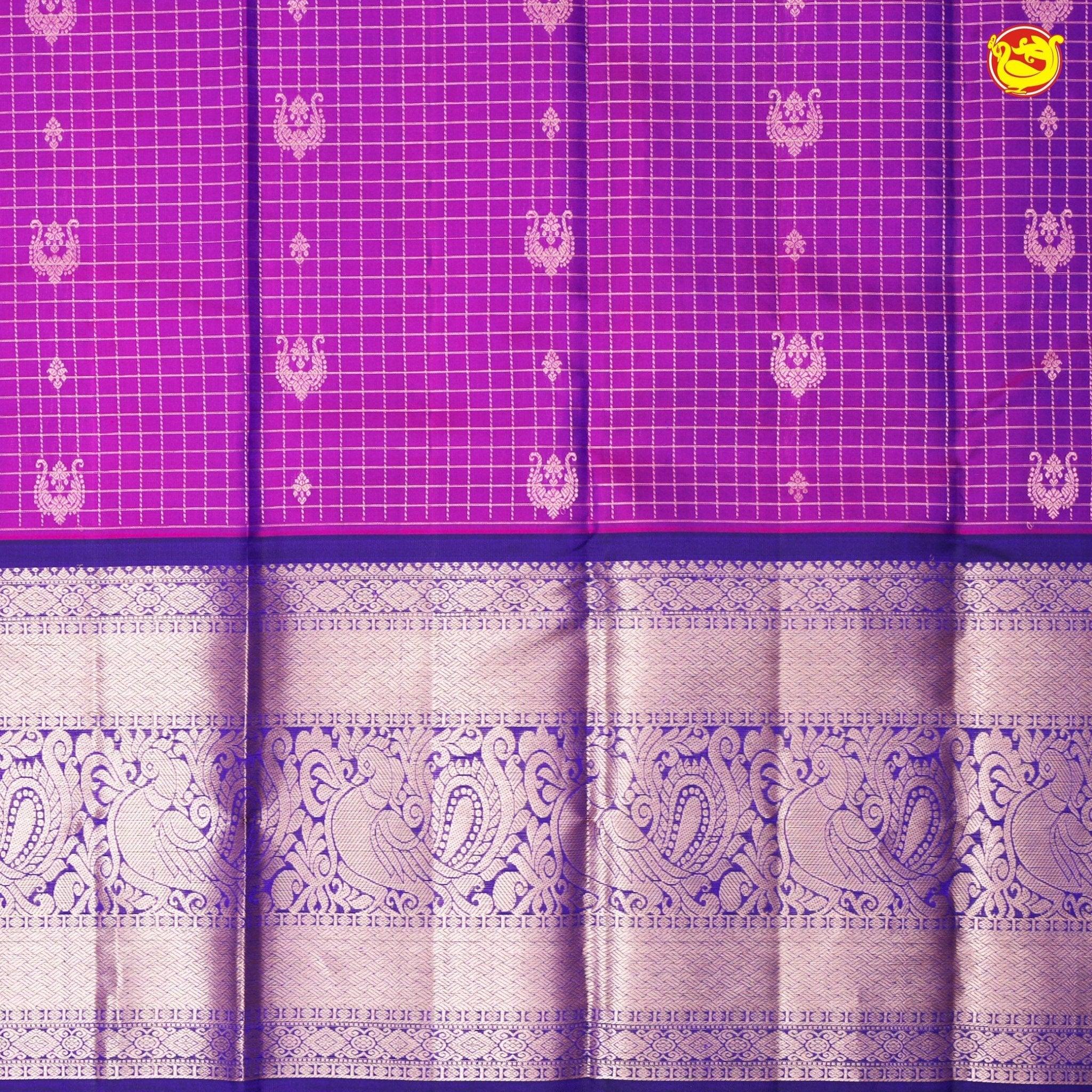 Magenta With Navy Blue Checked Floral Motifs Copper Zari Long Border Pure Kanjivaram Soft Silk Saree - Thenianantham