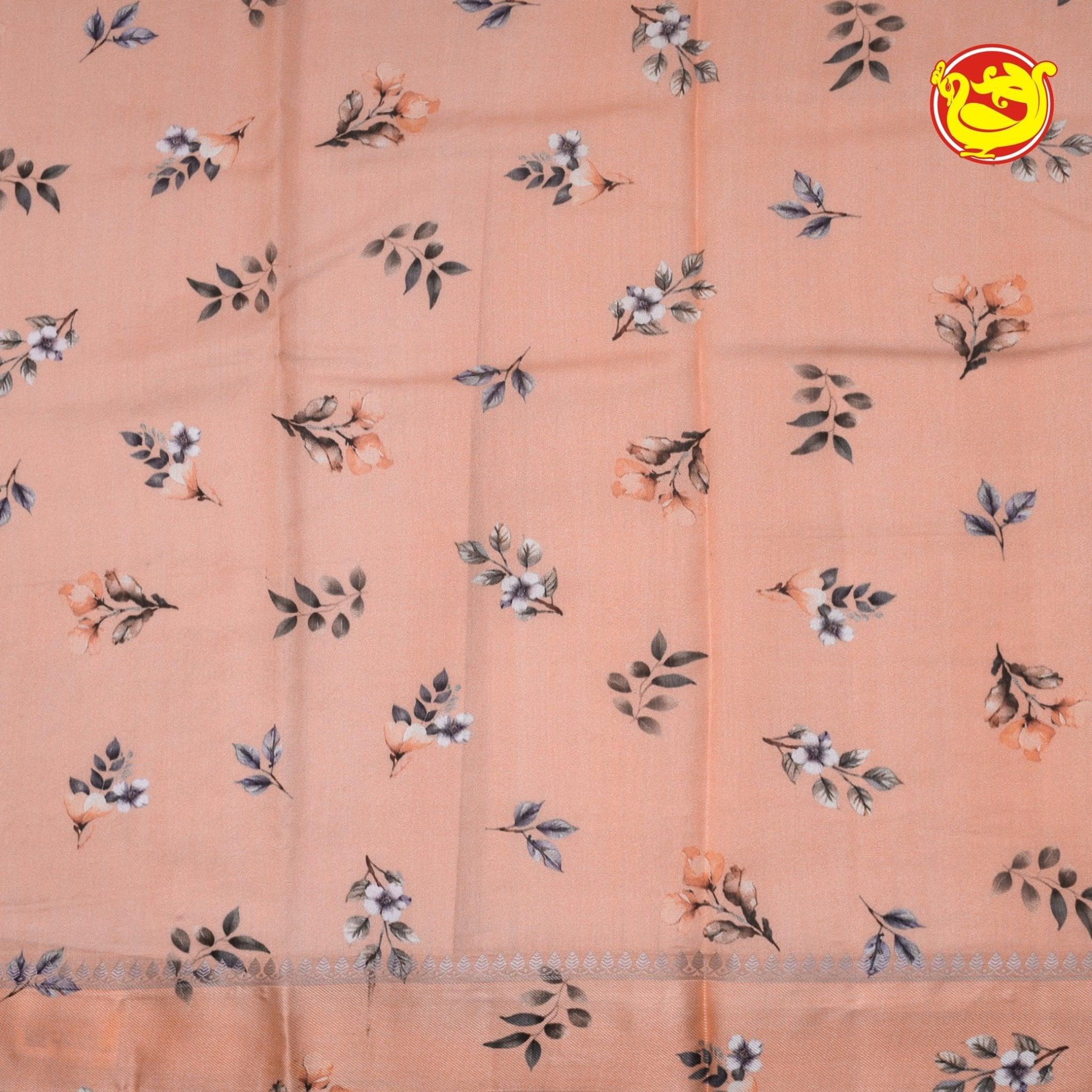 Dupion Light Yellow Printed Saree With Floral Motifs,Zari Design Border & Intricate Pallu - Thenianantham