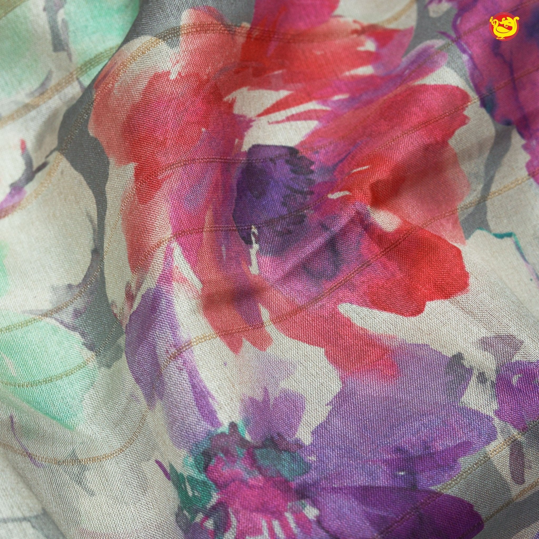 Unique Multicolour Pure Art Chanderi Silk Saree with Floral Digital Art Gold Zari Border - Thenianantham