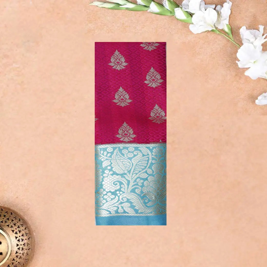 Magenta With Aqua Border Floral Design Traditional  Pattu Pavadai Material