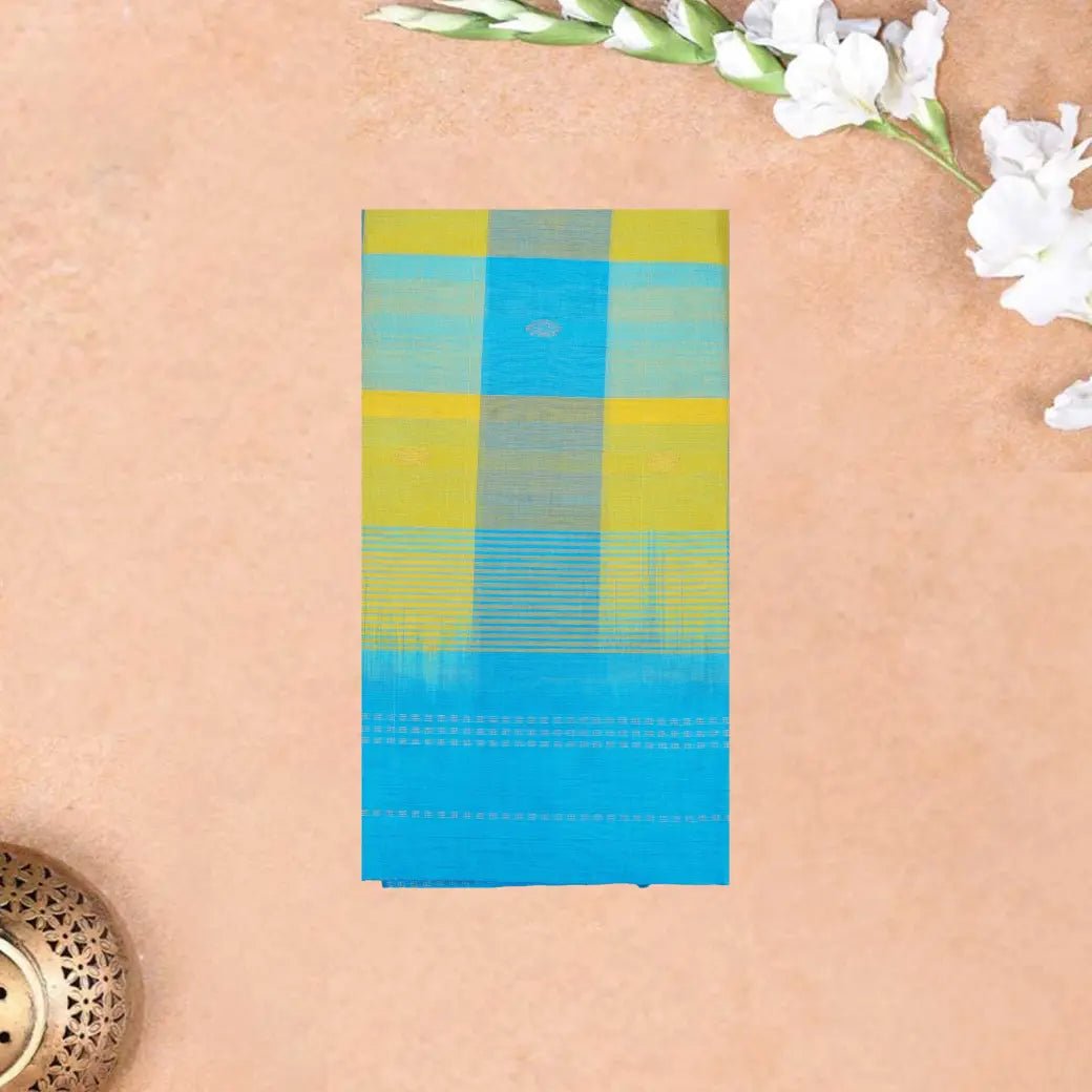 Sky blue & Yellow Checked Pattern Arani Silk Cotton Saree