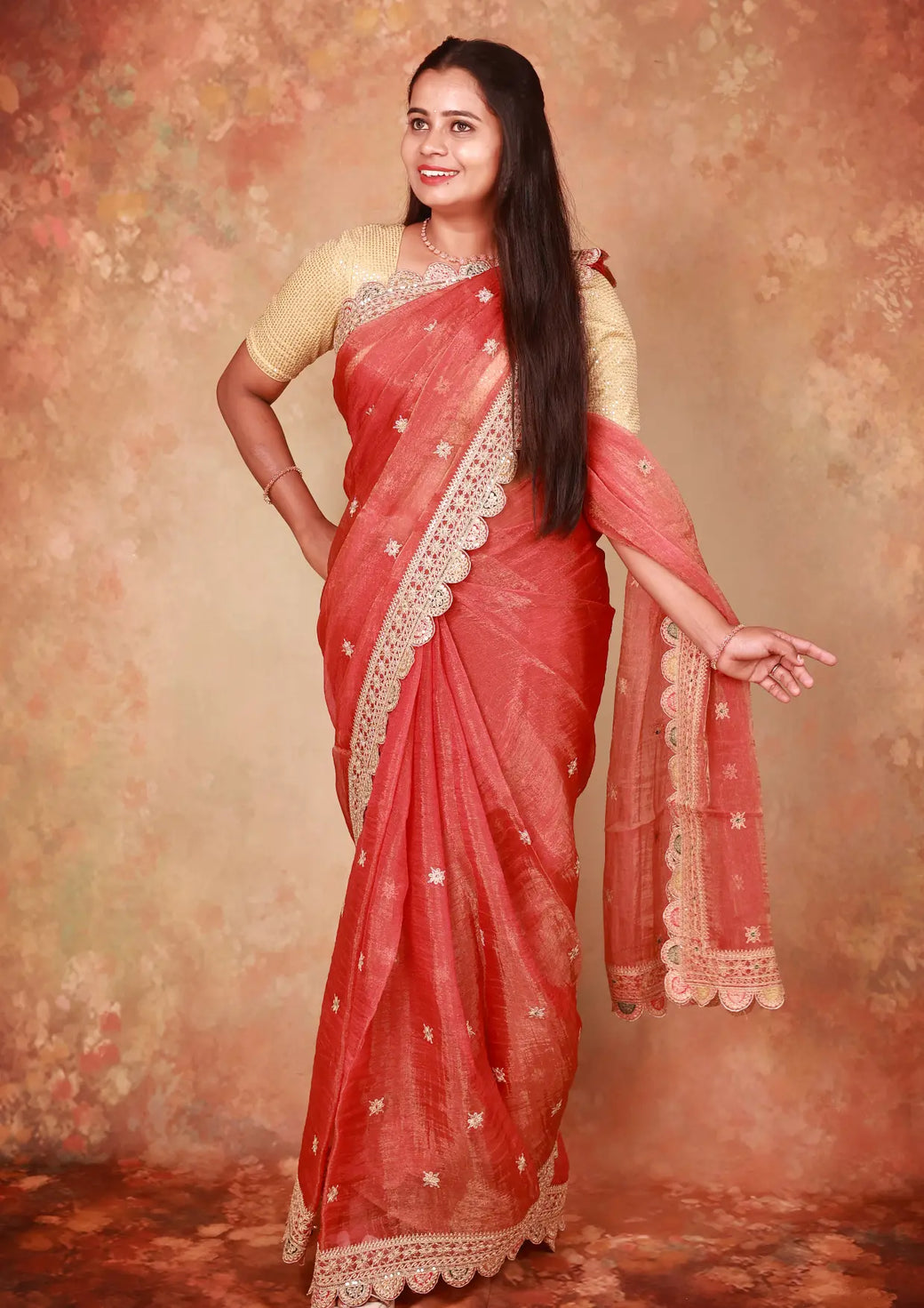 Orange  Colour Organza Tissue Saree