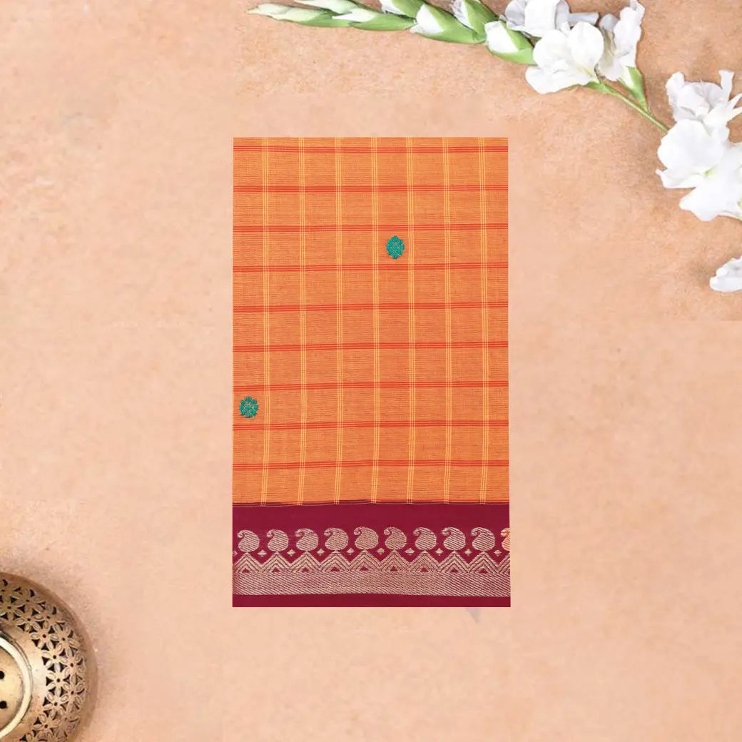 Mustard Yellow-Orange with Maroon Checked Pattern Pure Chettinad Cotton Saree without Blouse