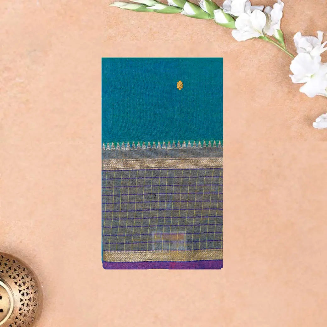 Peacock Blue with Purple Pure Chettinad Cotton Saree without Blouse