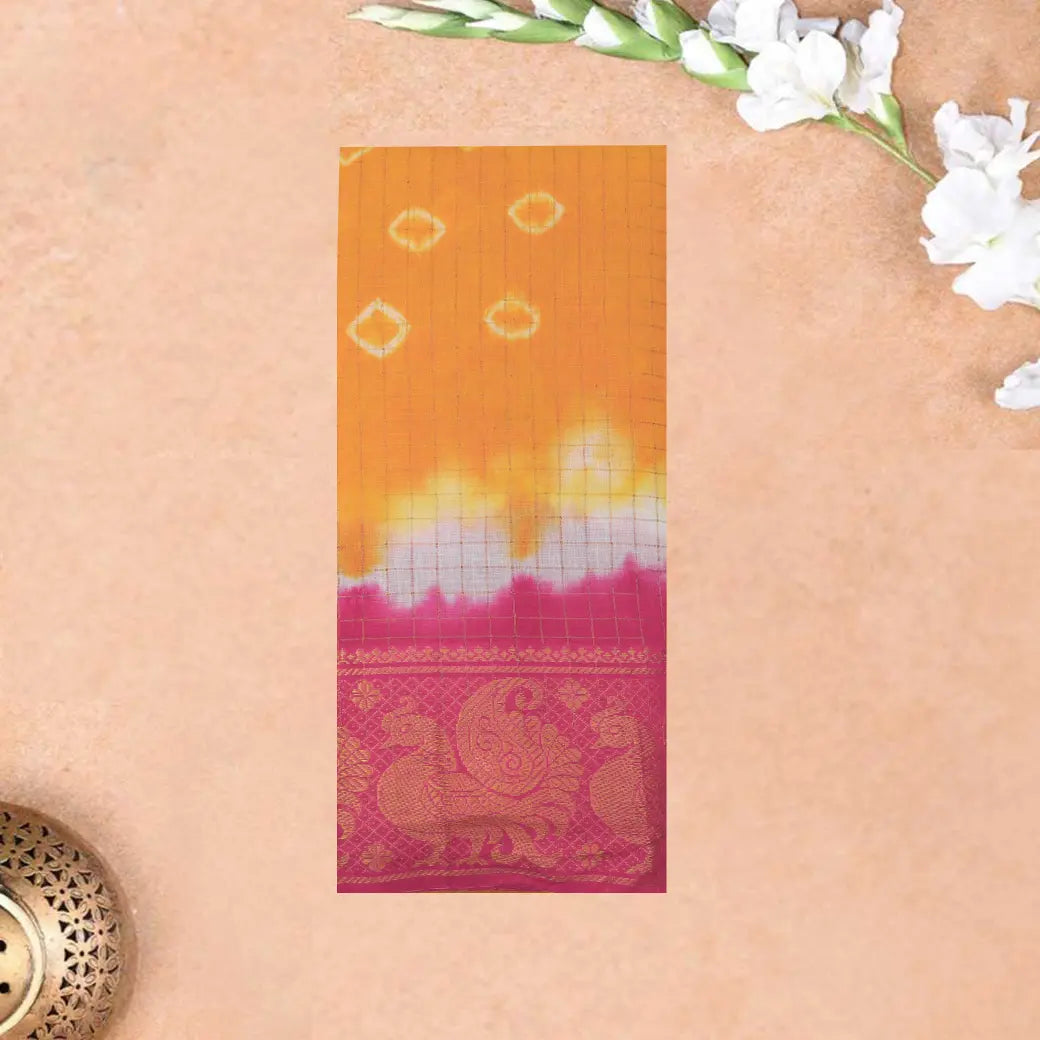 Orange and Pink Sungudi Cotton Saree without Blouse