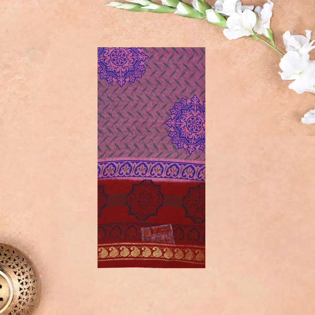 Lavender with Red  Mul Mul Cotton Saree without Blouse