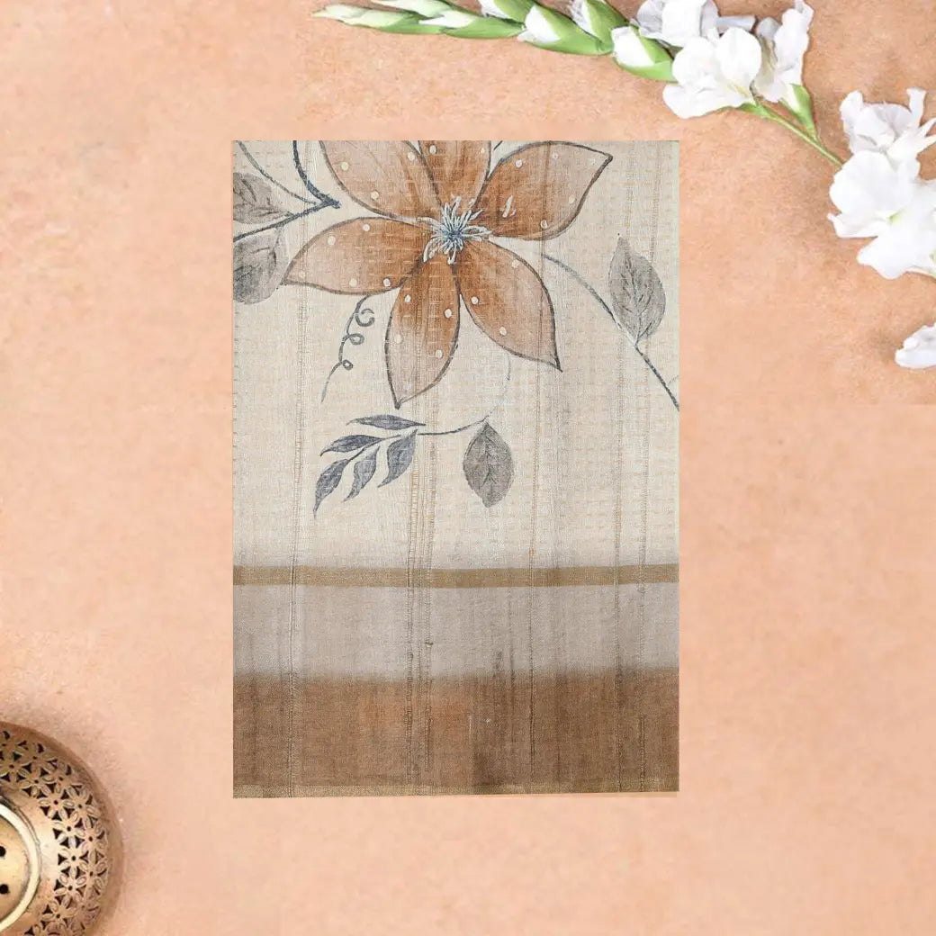 Off white with Brown floral design Semi Chanderi Silk Saree
