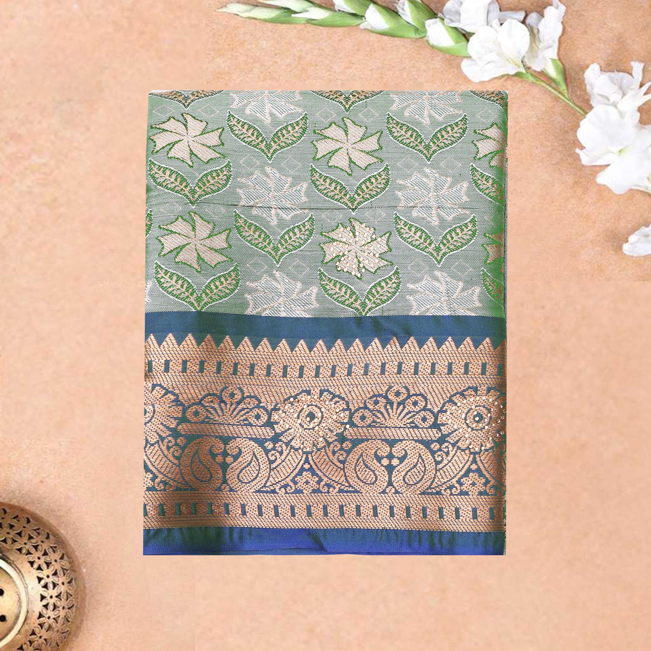 Pista Green and Royal Blue Art Pattu Pavadai Material