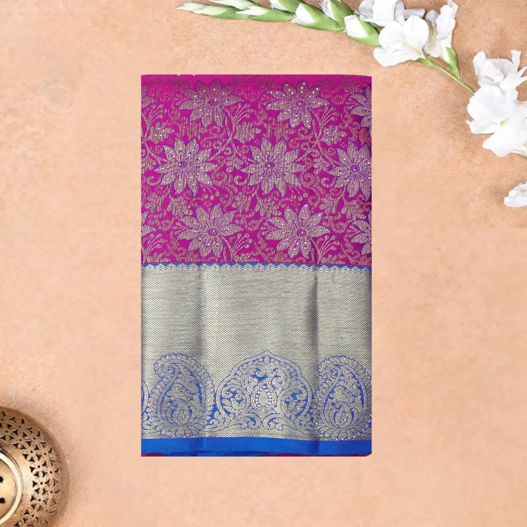 Purple  with Blue Gold Zari Border Wedding Silk Saree