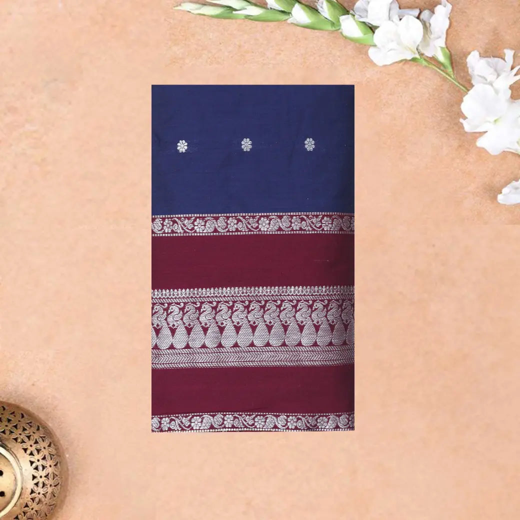 Navy Blue  With Maroon   Premium Quality Kalyani Cotton Saree